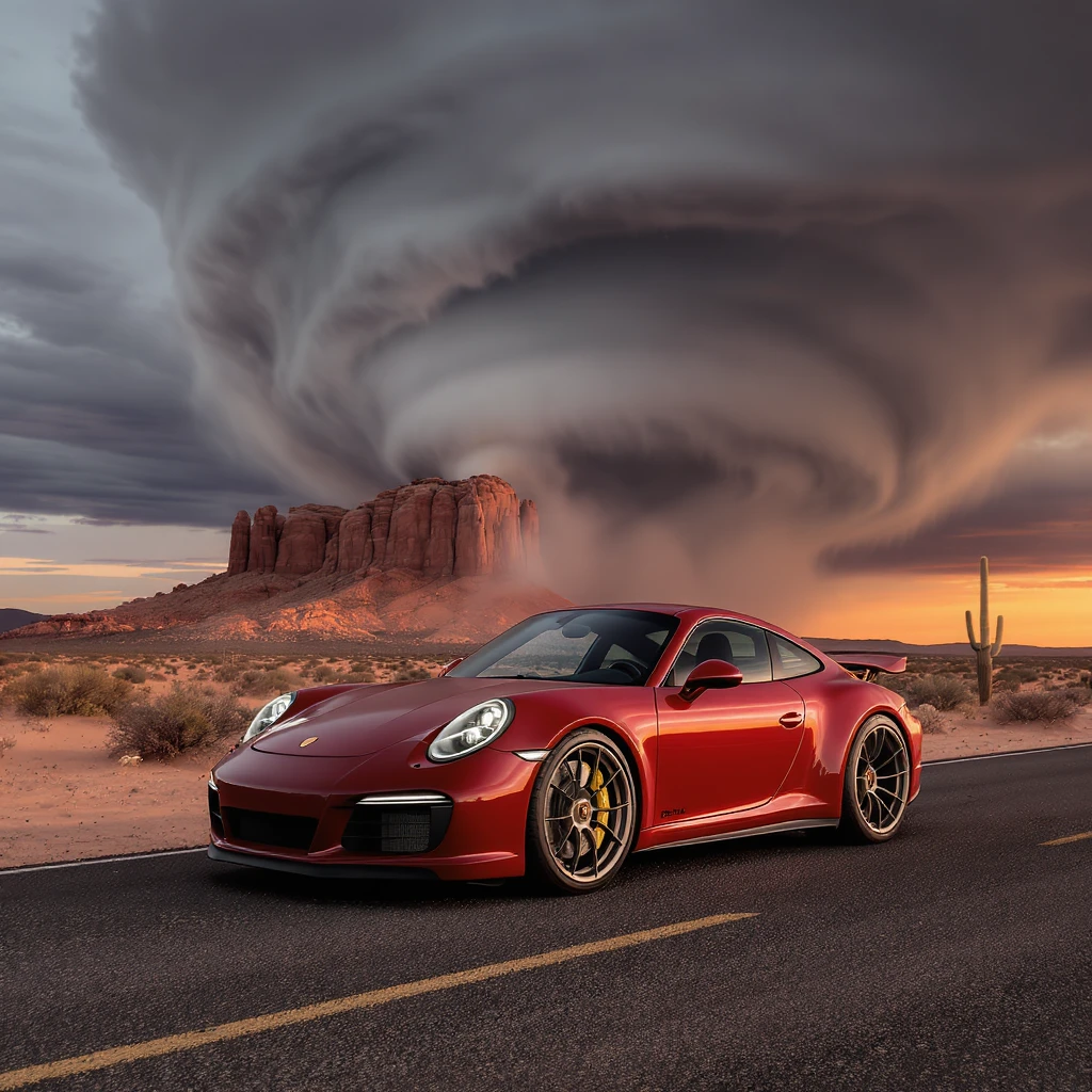 A modern desert mountain, wallpaper, modern, porsche 911, sunset, arizona desert, tornado in background emoji