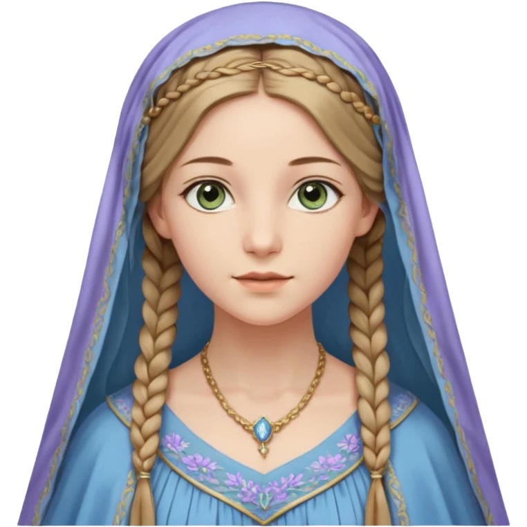 Joven de unos 30 años, de aspecto dulce y elegante.
Piel clara, ojos (pueden ser azules o verdes)
Rubio o castaño claro, largo, con trenzas o velo.
Vestido largo de tonos suaves (blanco, azul o lavanda), con bordados dorados; un manto o toca fina cubriendo la cabeza. Que se vea todo el cuerpo emoji