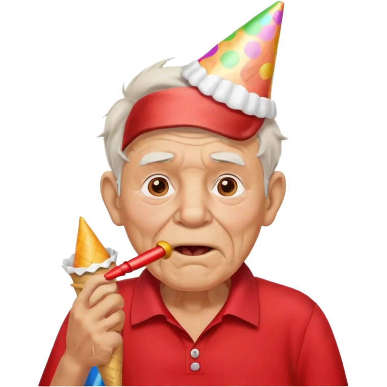 old man with red shirt and birthday cone, party horn on his mouth emoji