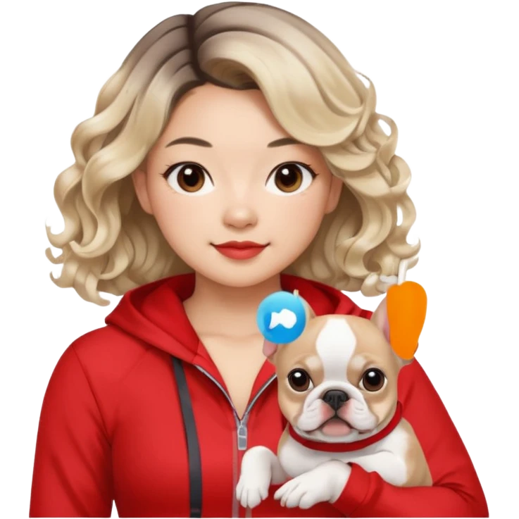 An Asian Lady With Ash Blonde Balayage, Loose Curls, In Red Gym Outfit, Holding A French Bulldog emoji