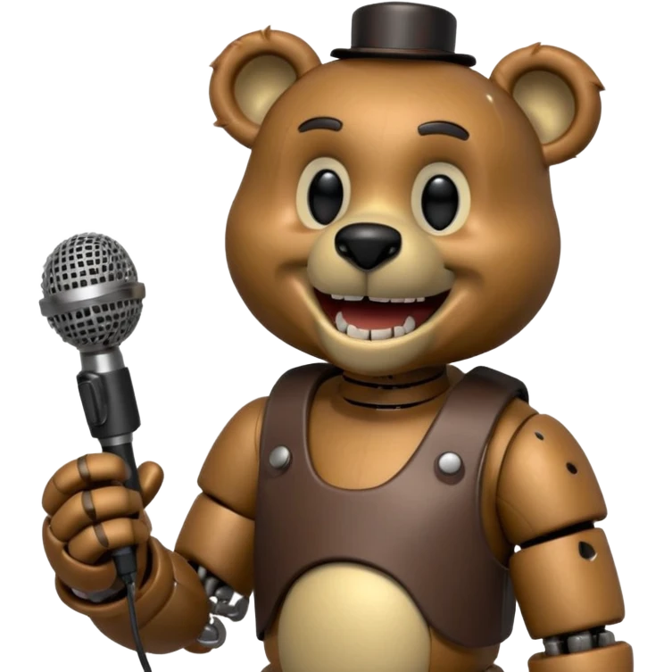 Freddy Fazbear smiling, holding a microphone, brown bear animatronic emoji