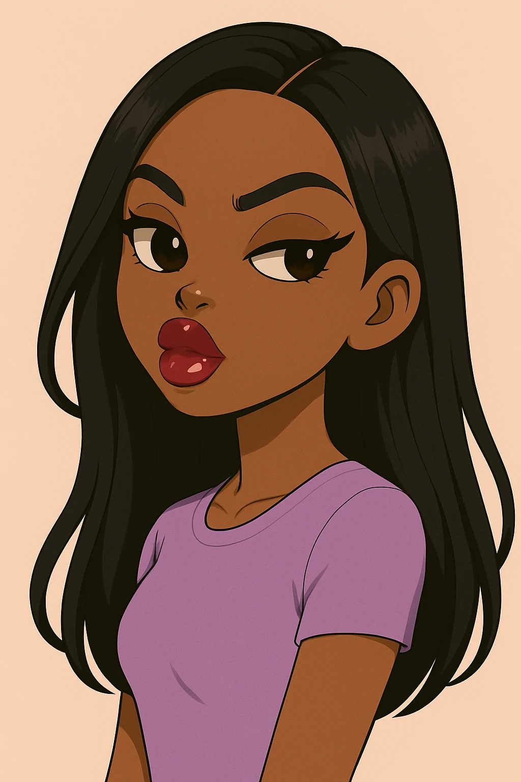 Change her pose to a side-eye, headshot only, 20-year-old anime Bratz style woman with dark skin, straight hair, more casual outfit, big expressive eyes, glossy lips, no hat, no tears, confident and aloof expression, snooty attitude, nose turned up. Render in anime Bratz style with emphasis on glossy lips and big expressive eyes, confident and aloof expression, no hat, no tears. emoji