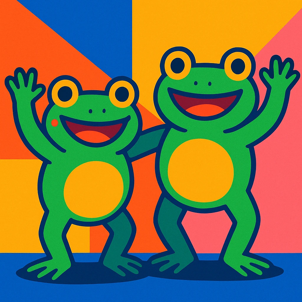 two frog friends waving, vibrant colors emoji