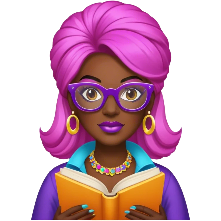 drag queen reading a book with colorful glasses emoji