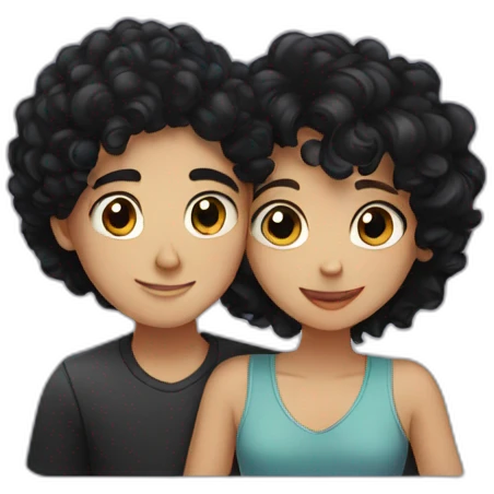 Boy with black hair and girl with curly black hair hugging emoji