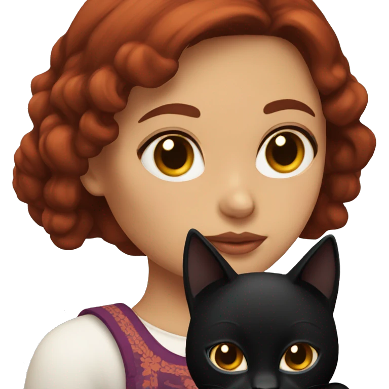 Mexican girl with black eyes and dark red hair holding a black cat emoji