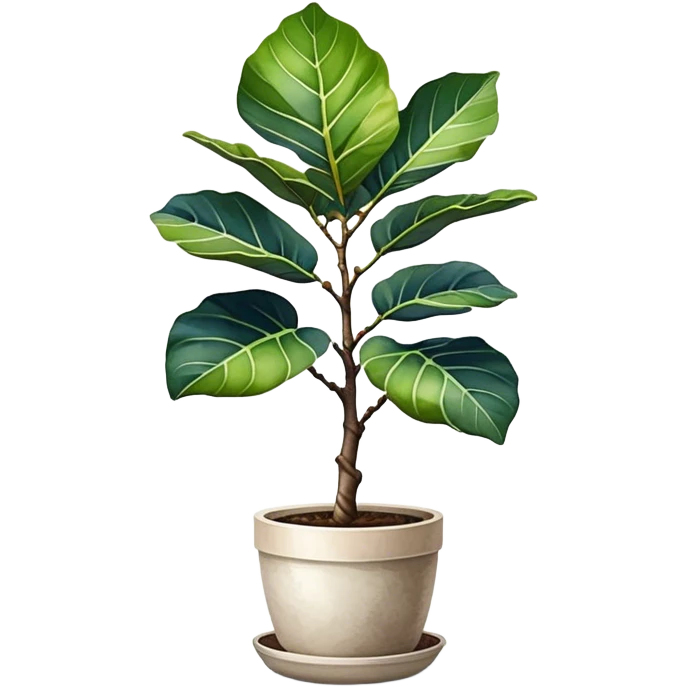 An elegant fiddle-leaf fig tree in a modern minimalist pot, painted in watercolor with realistic shadows and highlights. emoji