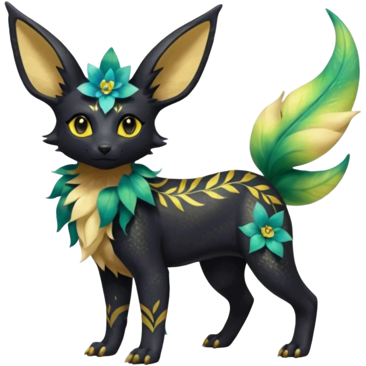 Multicolored sparkly light realistic pretty cool elegant realistic floral exotic Trico-Bolthund-Electrike-Luxray-Umbreon-Leafeon-hybrid, full body emoji