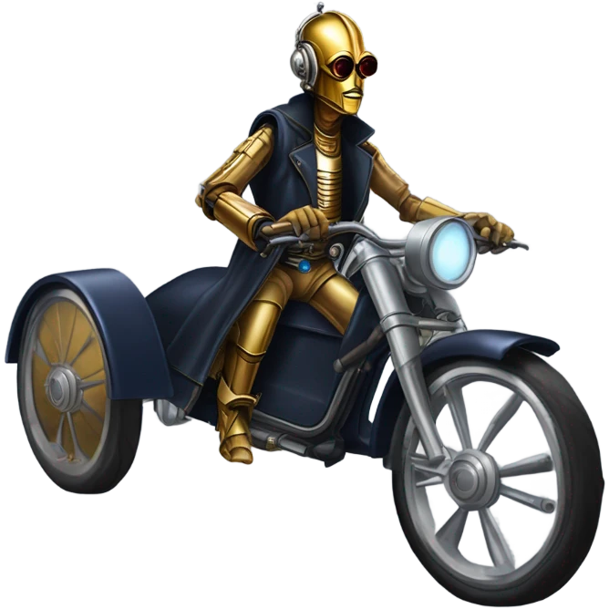 Bounty hunter C-3PO Jedi wearing a pair of navy-blue rimmed steampunk goggles, hat, leather chaps, fringe jacket riding a relaxed sci-fi 3 wheeler trike steampunk rat rod motorcycle with large fenders and saddlebags in desert town  emoji