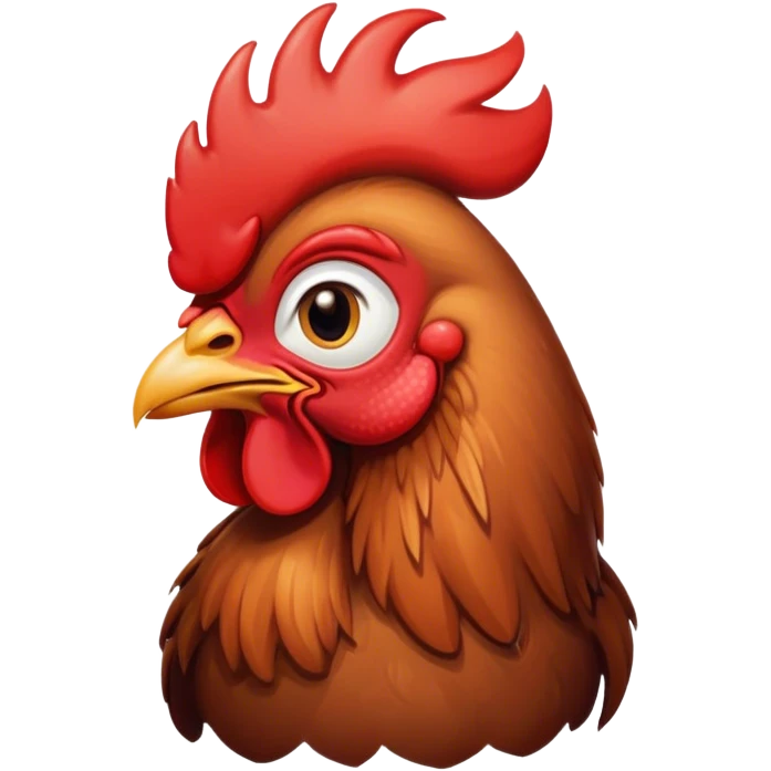 Cinematic Cute Brown Rooster Portrait Emoji, Head tilted playfully and inquisitively, featuring a glossy, immaculate brown plumage with a vibrant red comb, round, sparkling warm eyes filled with curiosity, Simplified yet irresistibly adorable features, highly detailed, glowing with a warm, friendly glow, high shine, affectionate and spirited, stylized with a touch of farmyard whimsy, bright and endearing, soft glowing outline, capturing the essence of a mischievous yet loving rooster, so playful it feels like it could strut out of the screen and into your arms! emoji
