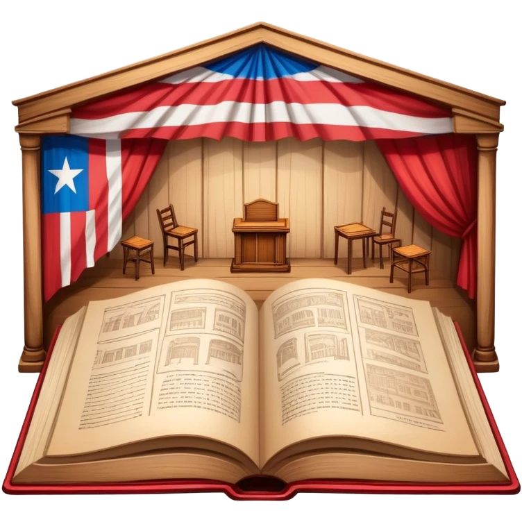 Timeless open book with visible pages of hand-drawn theater backdrop sketches, stage layouts and set designs, Puerto Rican flag motifs integrated throughout, wooden cover with theater symbols, warm light emoji