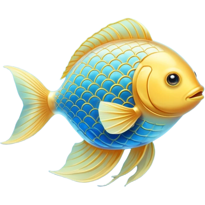 Ethereal golden fish in the shape of an omega symbol, radiating gentle waves of energy that flow toward a glowing brain and heart. The fish appears translucent and luminous, with scales that shimmer with healing properties, all suspended in a dreamy blue atmosphere. emoji