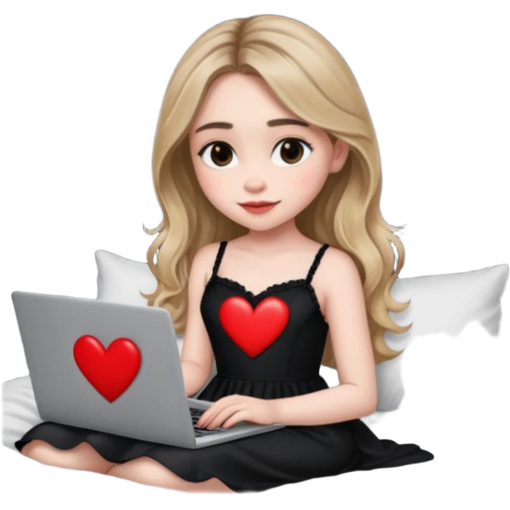 Sabrina carpenter in a black nightdress sitting on a bed with her laptop open and there is a heart on her laptop  emoji
