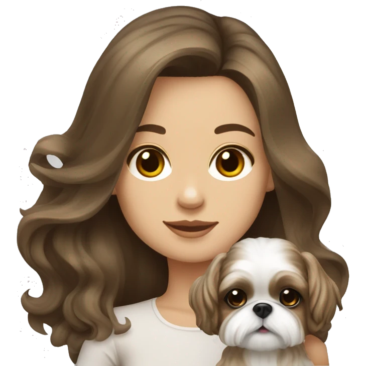 Young brunette hair woman with a cream shih tzu in her arms long wavy hair emoji