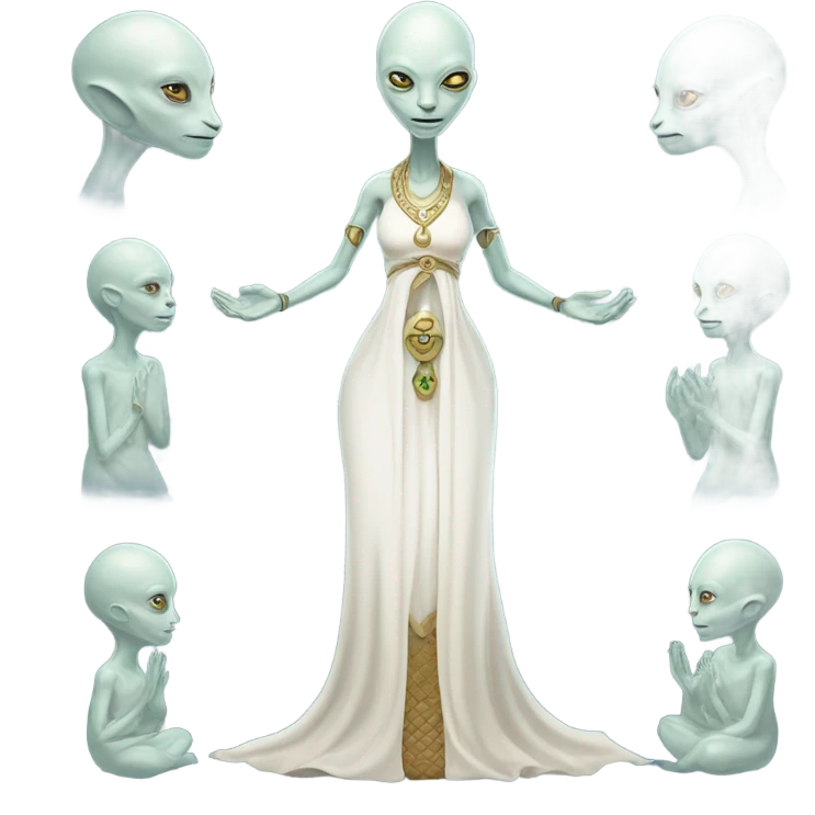 a Reptilian alien woman,in meditation, white dress like a priestess emoji