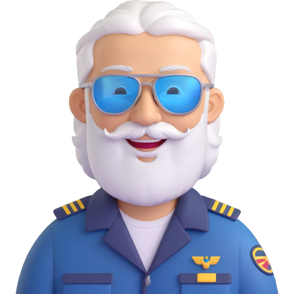 middle-aged pilot, silver hair, beard, fair skin, smiling, wearing sunglasses emoji