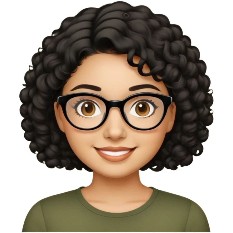 Latina in her early 30s with light tan complexion. Round face with prominent cheeks. Smiling with visible dimples. Dark eyes with black-framed glasses. Short defined curly black hair. Wearing a casual olive green top. emoji