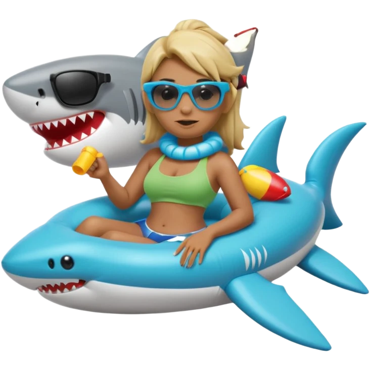 orc female sitting in an inflatable floatie shaped like a shark, wearing oversized sunglasses and a whistle on a neck cord, 2d emoji