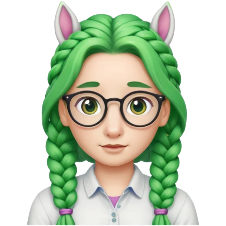 braided unicorn wiith big visible braids looking into the camera spectacled green hair and no ears emoji
