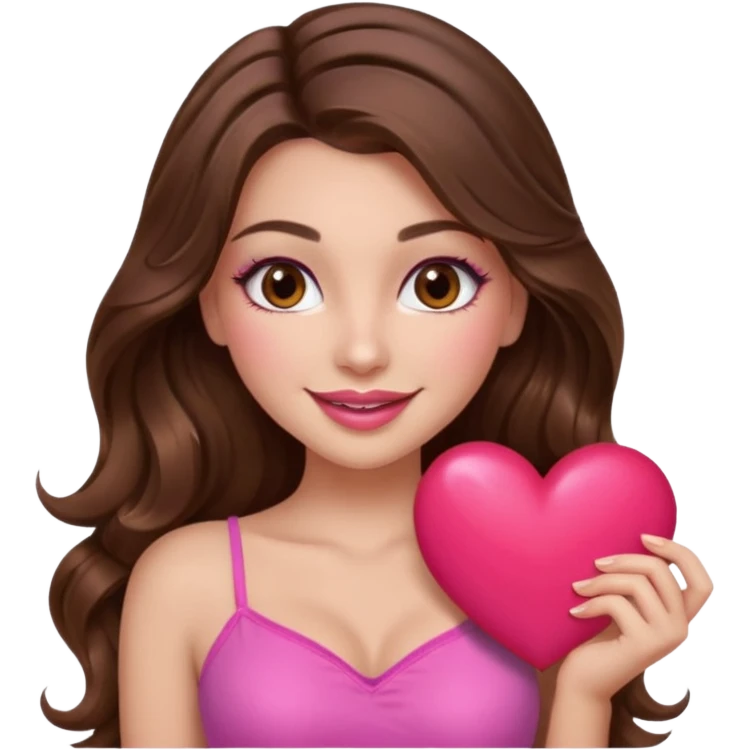 girl with long wavy brown hair, brown eyes, long lashes makeup, sexy pink lips, light to medium complexion, wearing a pink sexy top, smiling, holding a big heart emoji