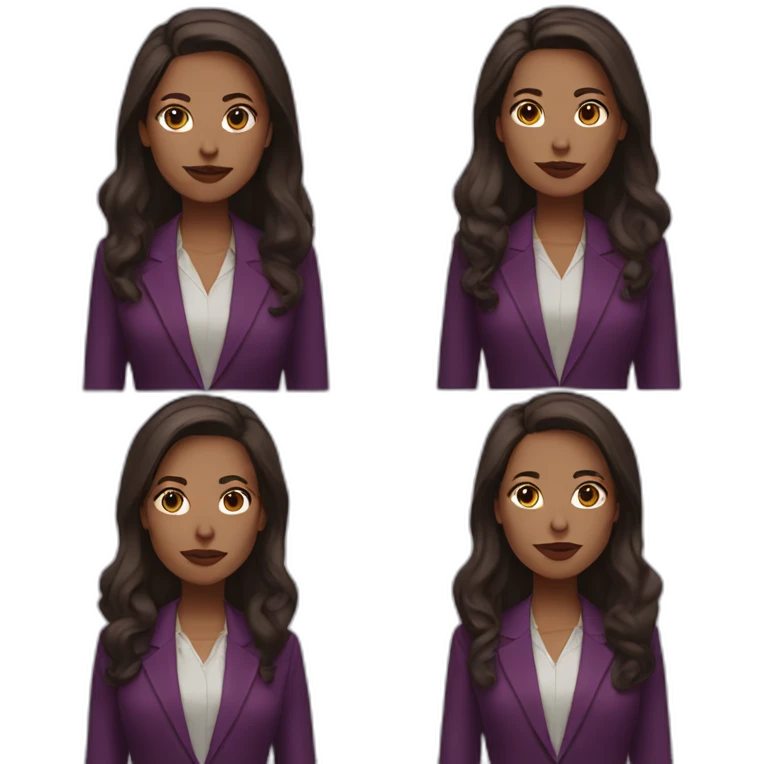 a white woman, dark brown long hair, wearing marsala lipstick and using a purple blazer emoji