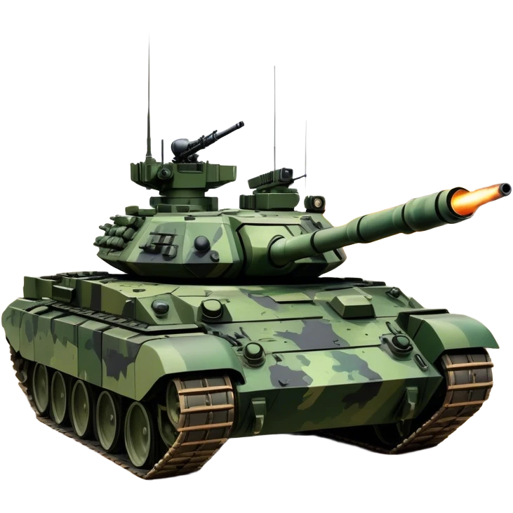 T-90M (2022) – Cinematic-realistic T-90M tank, its angular black and green camouflage slicing through a muddy battlefield. The reactive armor panels gleam under missile flashes, and its remote-controlled machine gun turret swivels as it advances through a smoldering village, leaving deep tracks in the scorched earth. emoji