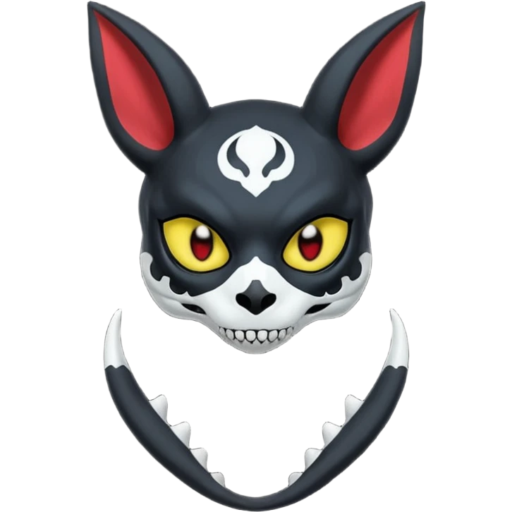 Gothic spooky Scaley Exotic Salandit-Umbreon-Noibat-Fakémon-hybrid-creature (full body), white skull face mask emoji