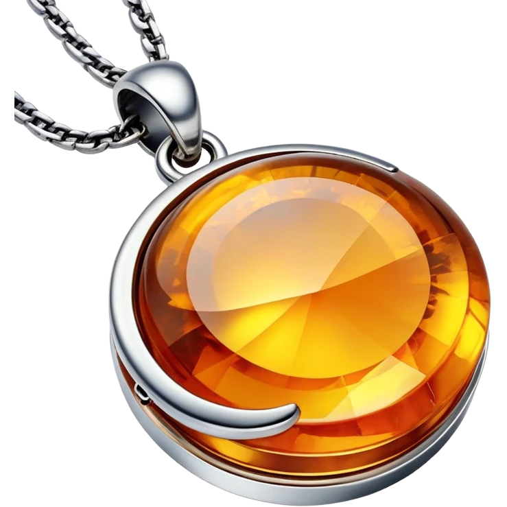 extreme close up of a round cut holographic amber charm with silver metal accent and box chain emoji