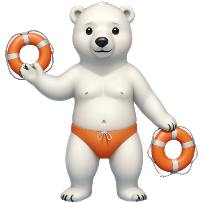 full body friendly anthropomorphised polar bear wearing swim shorts, life buoy around waist, swim goggles, standing with water pooled around feet emoji