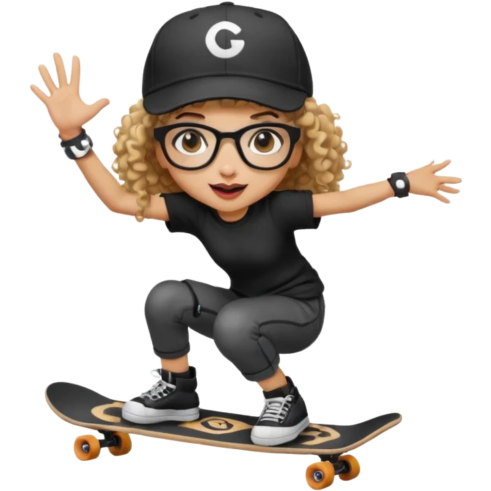 ["An excited girl with light skin, curly hair, wearing a baseball cap and square glasses, dressed in goth fashion, is skateboarding while holding a camera."] emoji