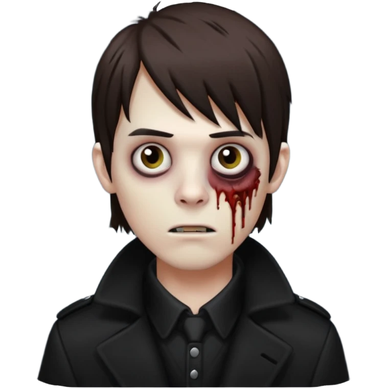 Zombie, emo guy with dark circles under his eyes and medium brown hair with straight bangs, in a black long
 emoji