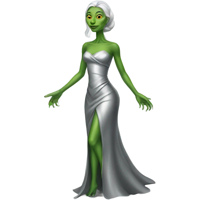 Green Alien reptilian woman in silver dress, full body emoji