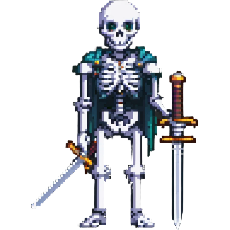pixel art skeleton holding a sword, simple and bold design emoji