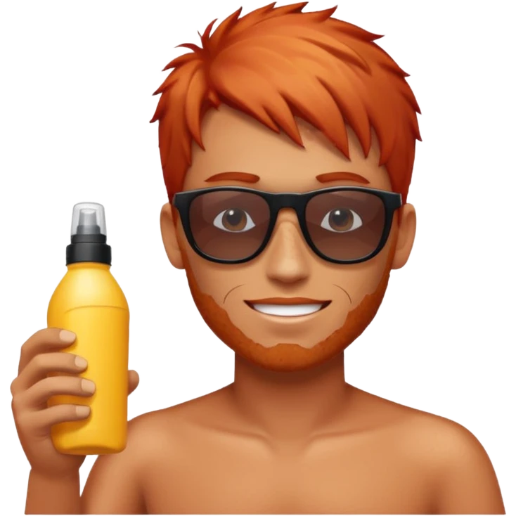 male red haired with suncream bottle and sunglasses, with sun burned emoji