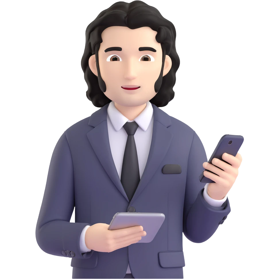 Business strategist with black wavy hair, stubble, chiseled face, wearing blazer and button-up shirt, working on digital devices, surrounded by data visualizations and AI technology, innovative tech-savvy expression emoji