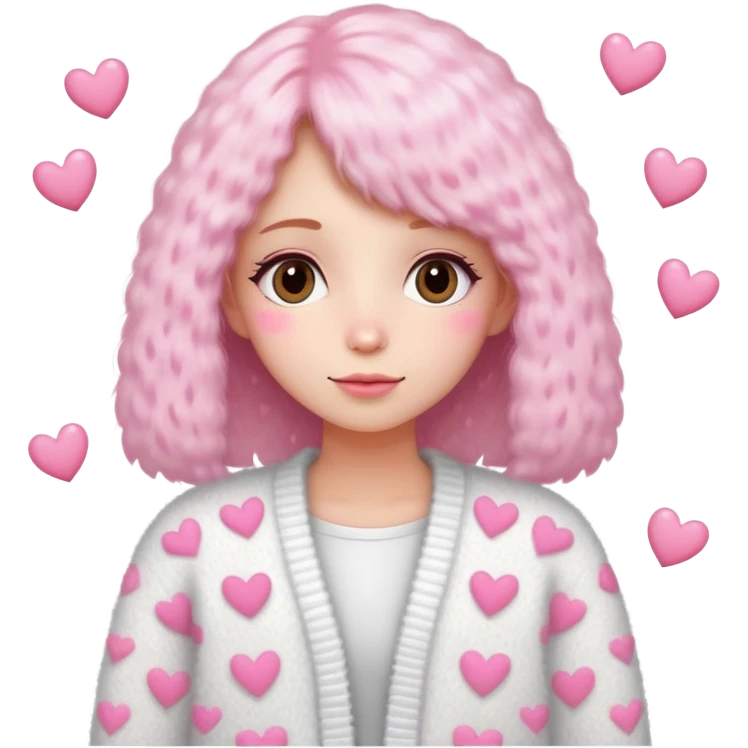 White fuzzy cardigan with little pink hearts on if emoji