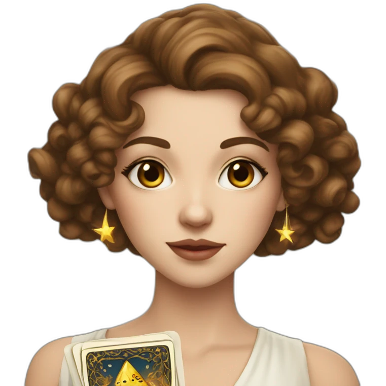 white young elegant woman with long brown curls and a tarot card that has a golden star emoji