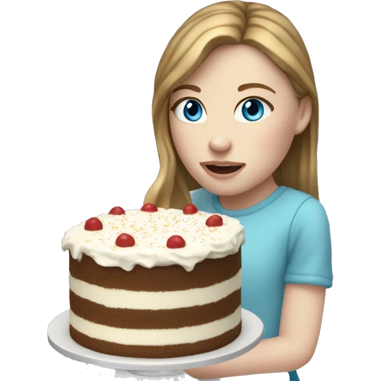 girl with brown hair with blond highlights and blue eyes eating cake long hair and pale skin with freckles LIGHT SKIN AND FRECKLES emoji