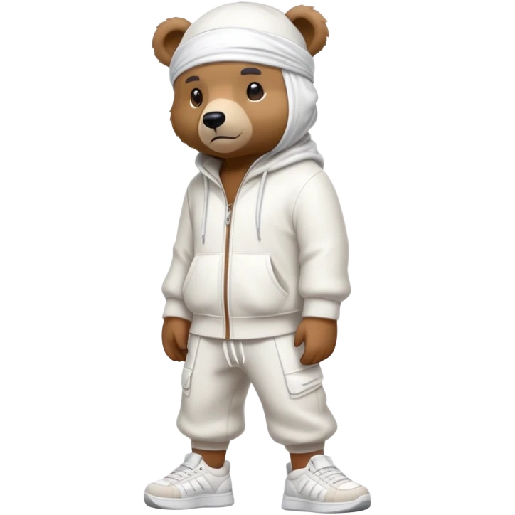 Complete full-body view of a bear wearing a white durag and stylish urban sneakers, showing from head to toe emoji