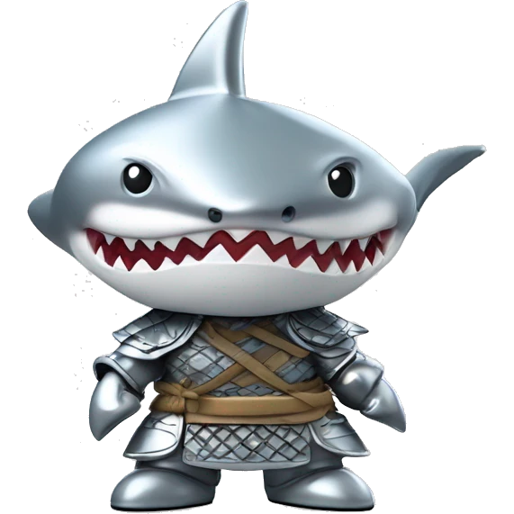 A fully silver chrome figurine of a shark in a samurai outfit, 3D style. emoji
