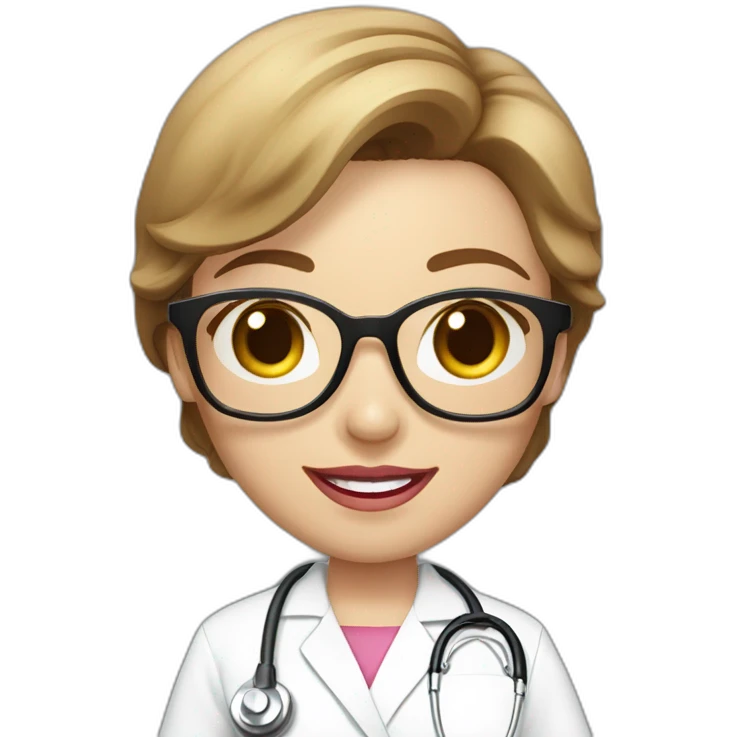 A single smart female nurse with white scrub suit with golden round glasses with short brown hair with beautiful smile and pinky lip emoji