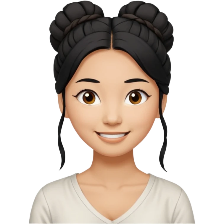 medium tan asian woman with long black hair tied in a high messy bun, round brown eyes, white v neck blouse. shes smiling and friendly. emoji