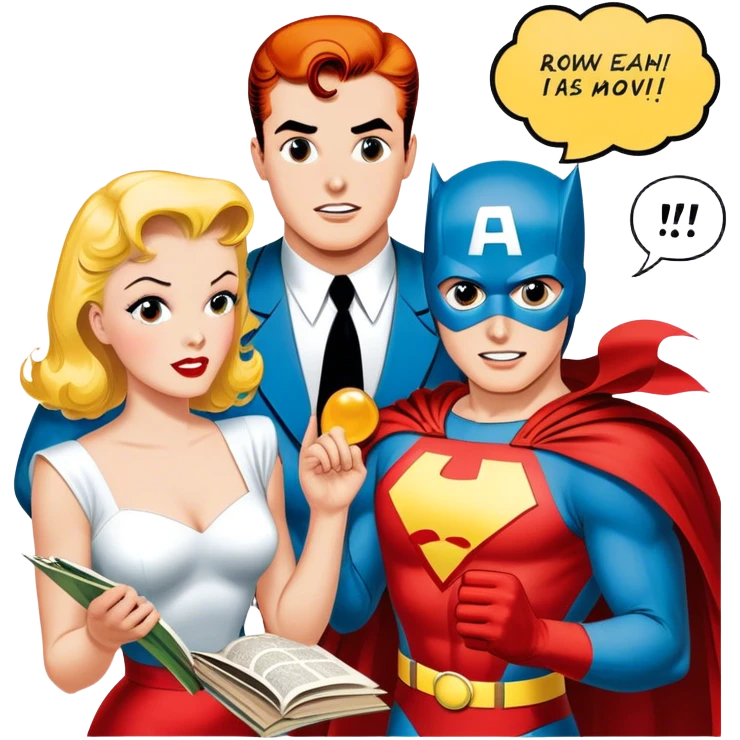 Icon for Vintage American Comics: an open comic book with classic 1940s-1950s American comic art, featuring superheroes in bold, bright colors, with action panels and exaggerated speech bubbles. The icon should represent the nostalgic style of vintage comics. Transparent background. emoji