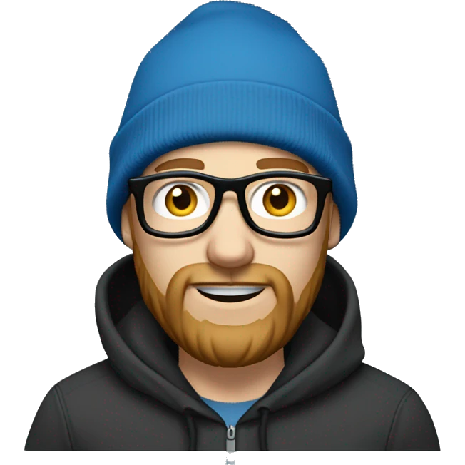 pale white man with a beard in a blue hoodie wearing a black carhartt beanie and clear glasses emoji