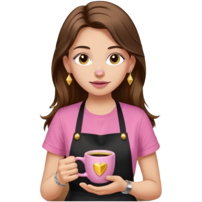 Fille cheveux long châtain, peau beige type européen, teeshirt rose avec un tablier noir, piercing au nez anneau doré, boucle d’oreille diamant doré. Elle boit un café emoji