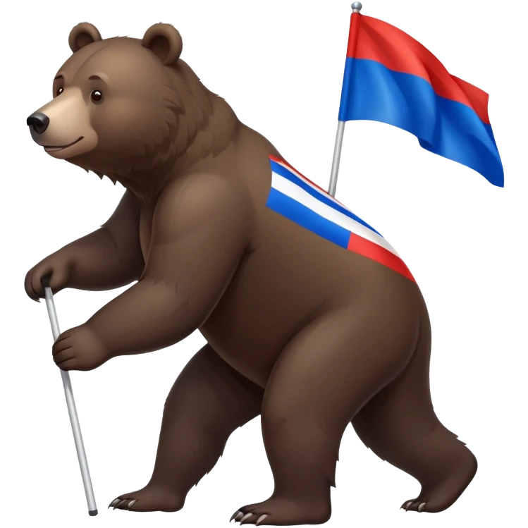 Medium-dark brown bear on four legs with Russian tricolor flag (white, blue, red horizontal stripes) on its back, realistic features emoji