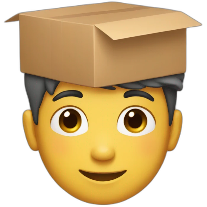 Boy Wearing a box as hat while looking down with a smile and double chin emoji