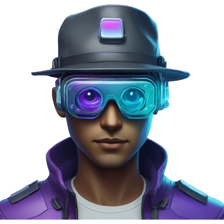 Secret human agent in a hat with  cyberpunk elements in VR googles scanning looking reviewing multicolor lines of code, cyan and purple colors, only upper body portrait emoji