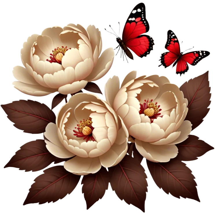 Soft beige peonies bloom among deep brown-red leaves, while delicate brown butterflies flutter nearby. Warm sunlight casts a vintage glow over the scene. emoji