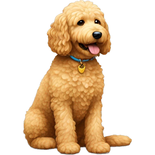 mini golden doodle sitting like human emoji